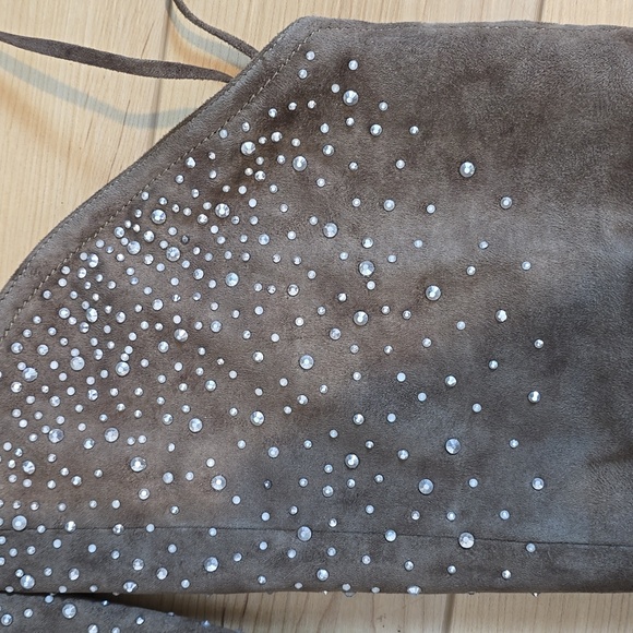 Naughty Monkey Knee High Rhinestone Suede Brown 4" Heel Boots (8) - Picture 2 of 8